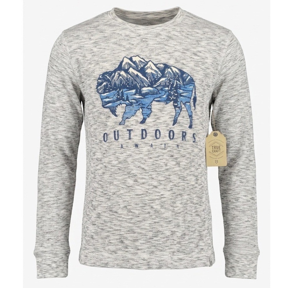True Craft Kids Heather Grey Waffle Knit Thermal Bison Graphic Shirt Small NWT